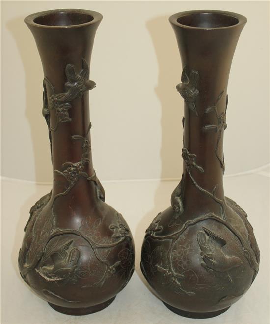 A pair of Japanese bronze bottle vases, 19th century, 30cm